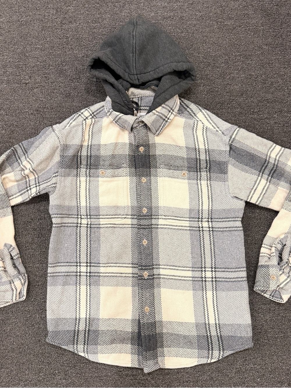 American Eagle Outfitters Hooded Plaid Button-Down Shirt - Gray & Cream
